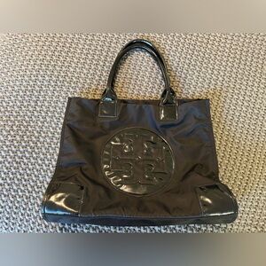 Tory Burch Ella Black Nylon Tote with Patent Trim and Logo